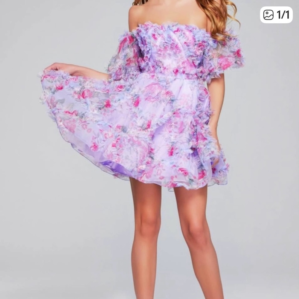 Jovani Lavender Floral Off-Shoulder Dress